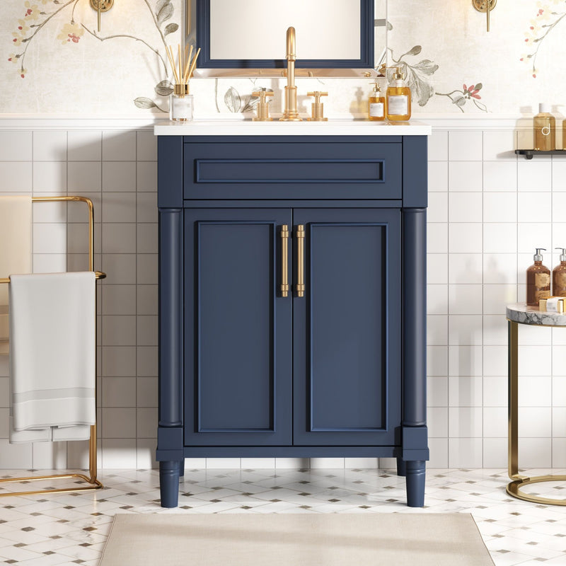 Blue bathroom vanity cabinet with integrated single sink and two-panel front doors
