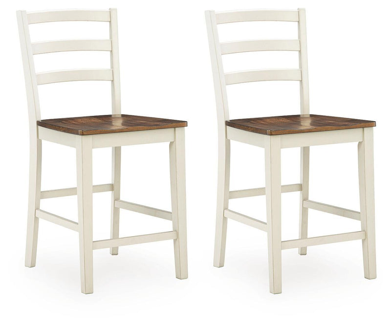 Brown wood barstool with antique white frame, ladder back, square seat (set of 2)