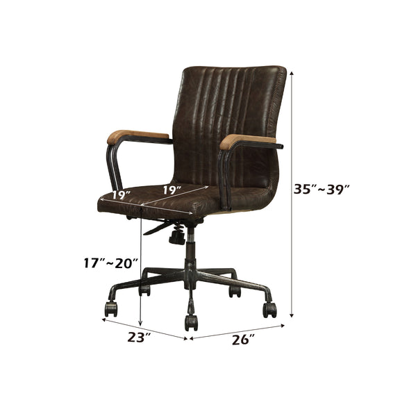 Chocolate-brown office chair with wide armrests, cushioned seat, adjustable height base