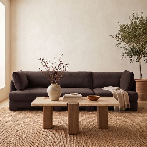 Dark brown velvet 3-piece sofa with three back cushions and square wooden legs