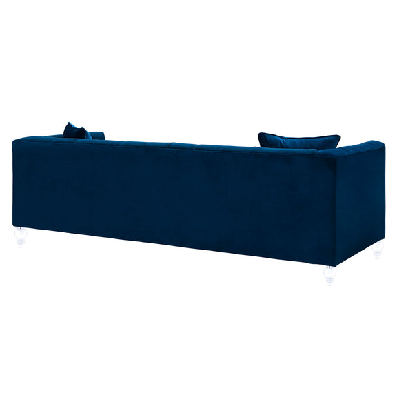 Blue velvet sofa with deep seat, tufted back cushions, square legs