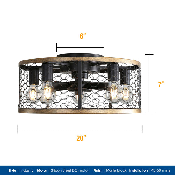 Black caged flush-mount ceiling fan, 20 in wide, with lit bulb accents
