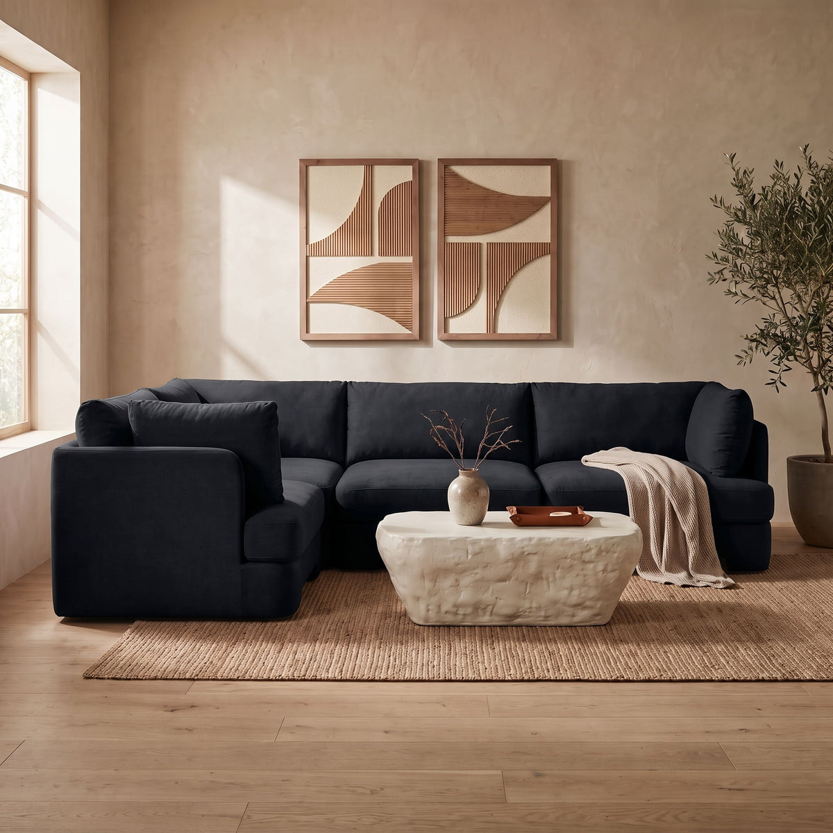 Dark gray velvet sectional sofa with chaise and ottoman, 4-piece set