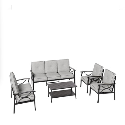 Gray patio seating set with three chairs, sofa, and rectangular coffee table