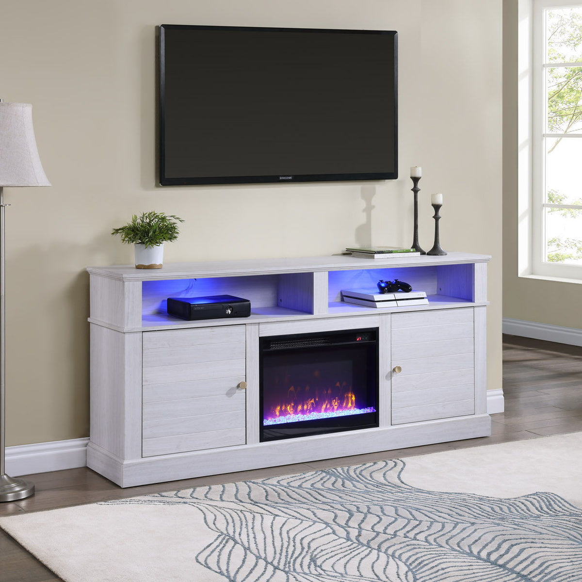 Lucifer - TV Stand Console With Fireplace - White Walnut