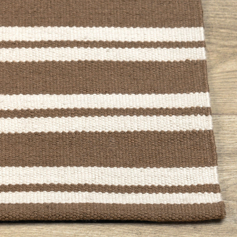 Striped rug border close-up with brown and cream horizontal bands