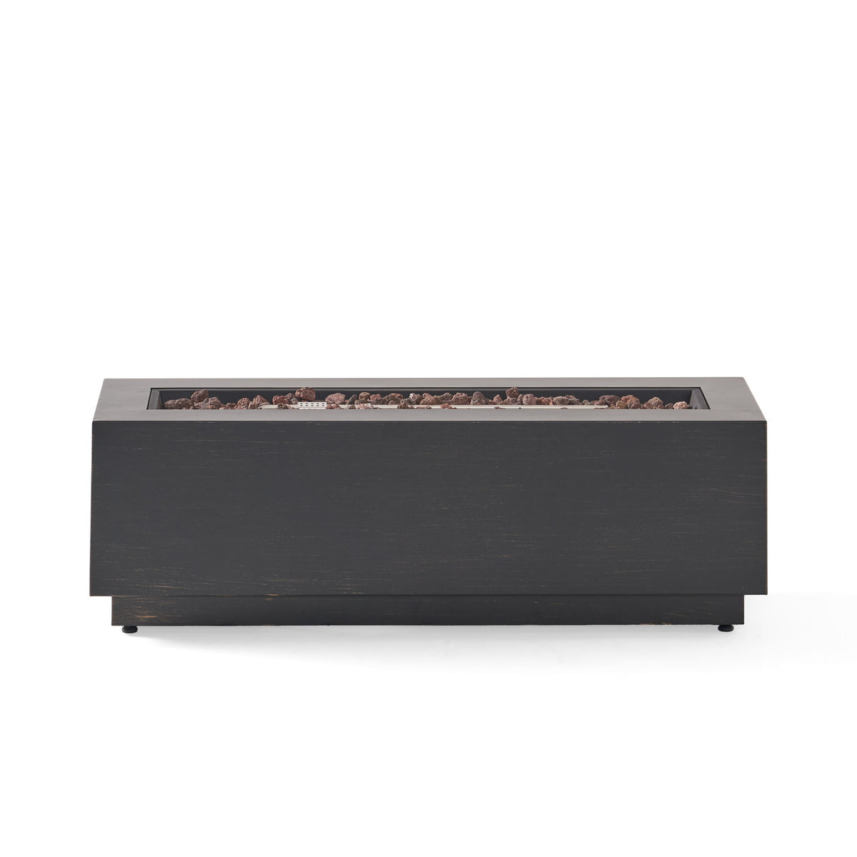 Rectangular dark brown propane fire pit with open burner tray and decorative stones
