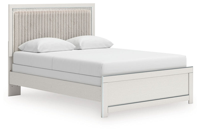 Upholstered panel bed with white frame, side drawers, and fabric headboard in light gray.