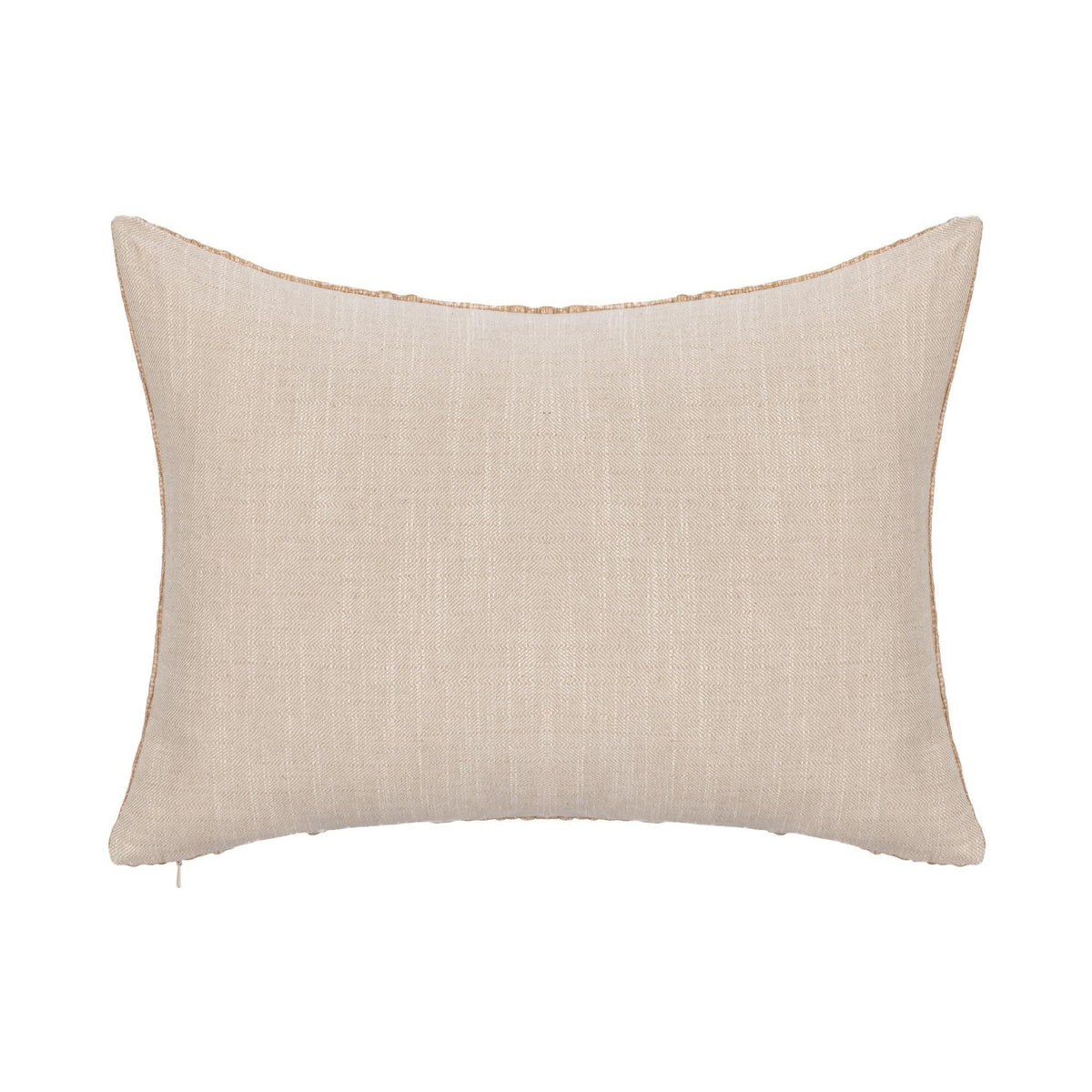 Light tan square decorative pillow with subtle linen texture and piping