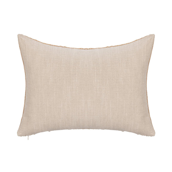 Light tan square decorative pillow with subtle linen texture and piping