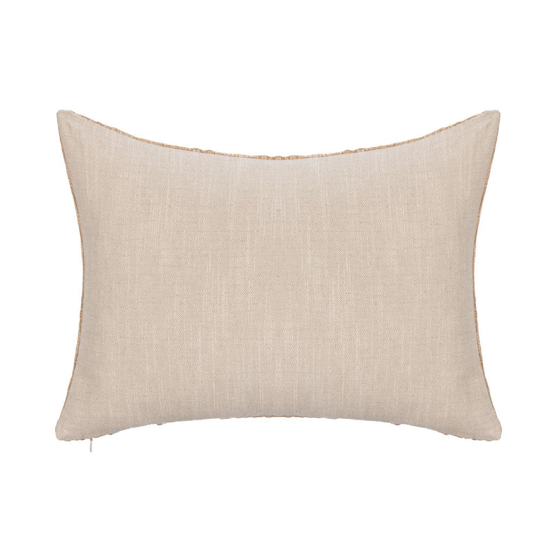 Light tan square decorative pillow with subtle linen texture and piping