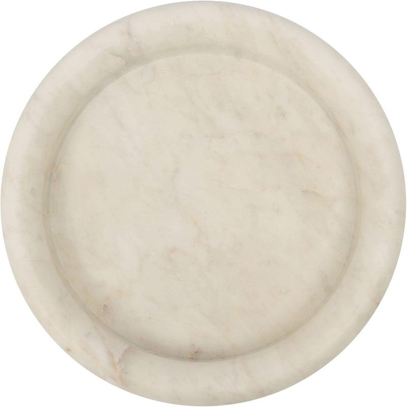 Marble tray, round white/beige with subtle veining pattern on top surface.