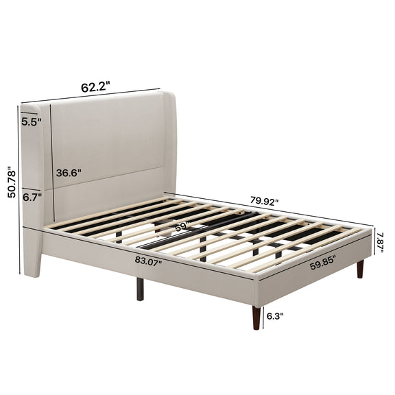 Beige upholstered bed frame with slatted base and tall headboard, dimension diagram