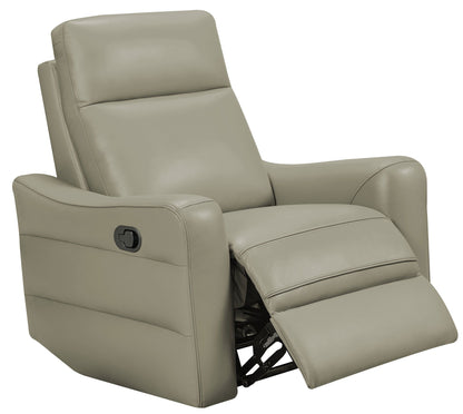 Manual recliner chair in light beige leather-look with padded armrest and footrest.