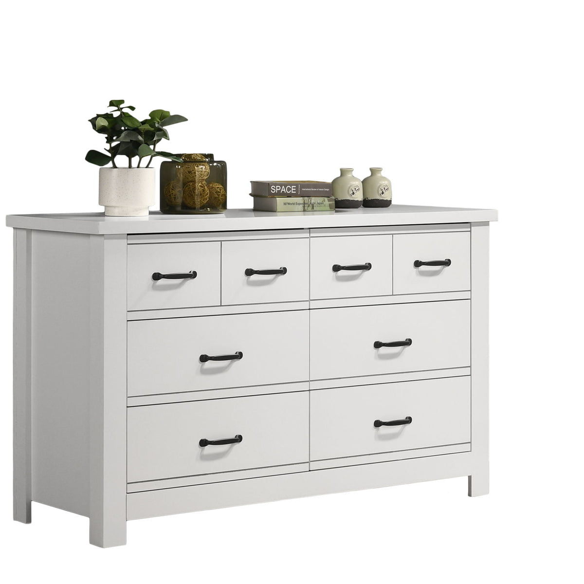 White 6-drawer dresser with tabletop and black metal drawer pull handles