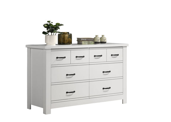 White 6-drawer dresser with tabletop and black metal drawer pull handles