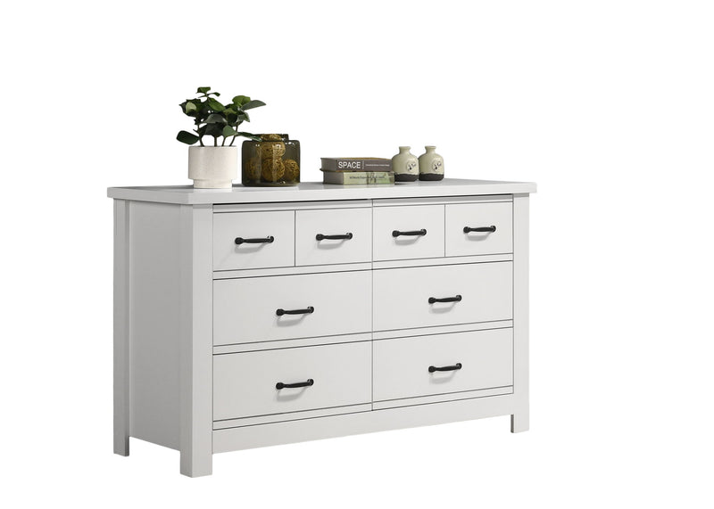 White 6-drawer dresser with tabletop and black metal drawer pull handles