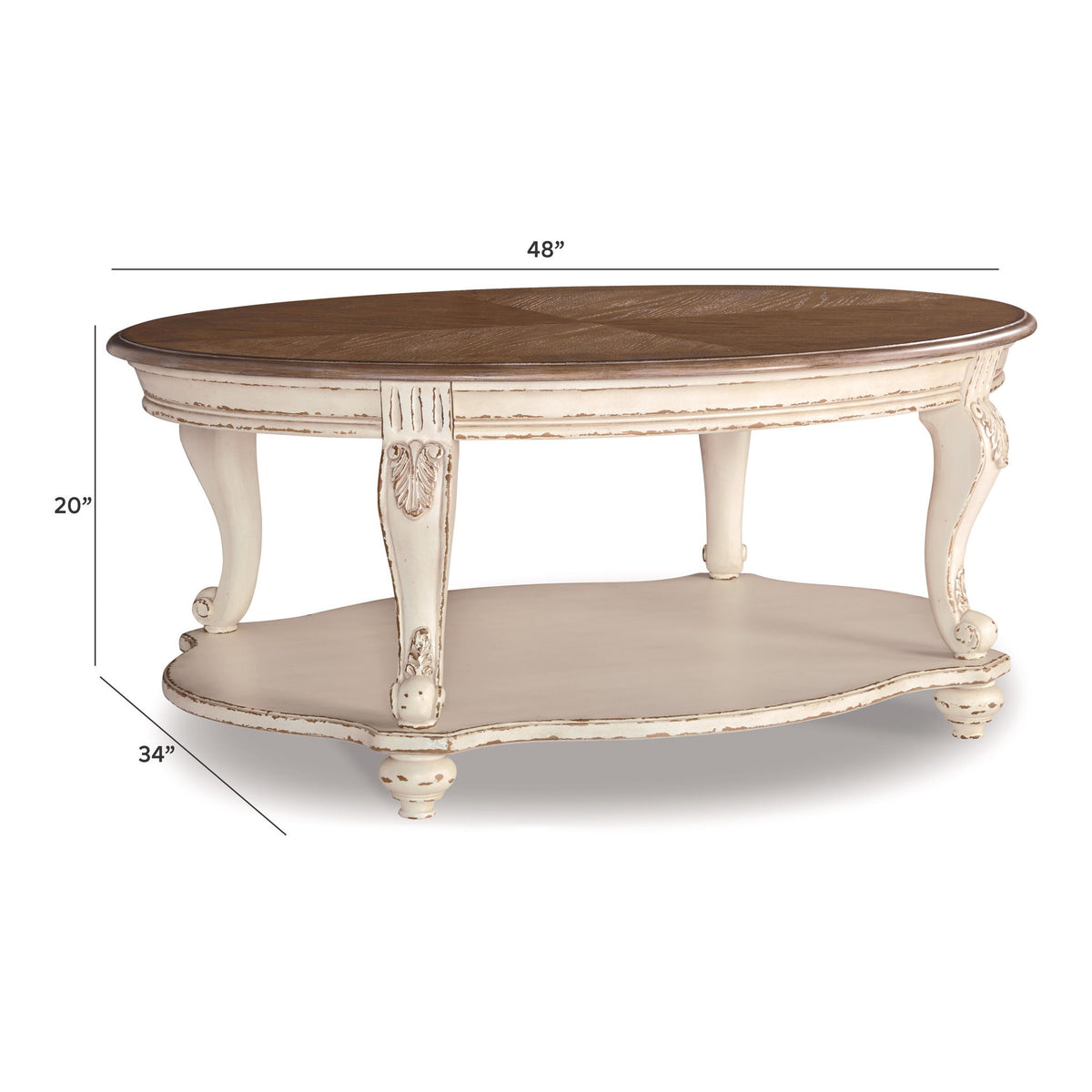 Oval cocktail table with white distressed base and brown oval top