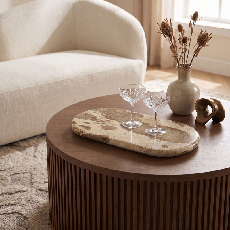 Genuine marble tray, round beige with tan and brown marbling