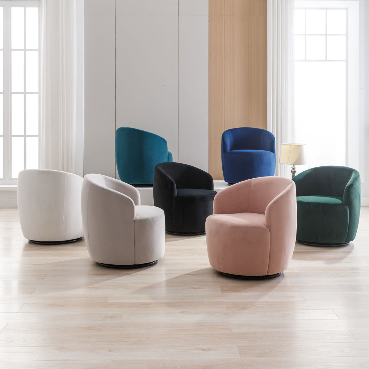 Velvet Fabric Swivel Accent Armchair Barrel Chair With Powder Coating Metal Ring