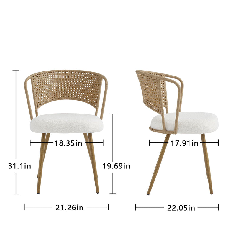 Wicker dining chair with white seat cushion, front and side measurement lines