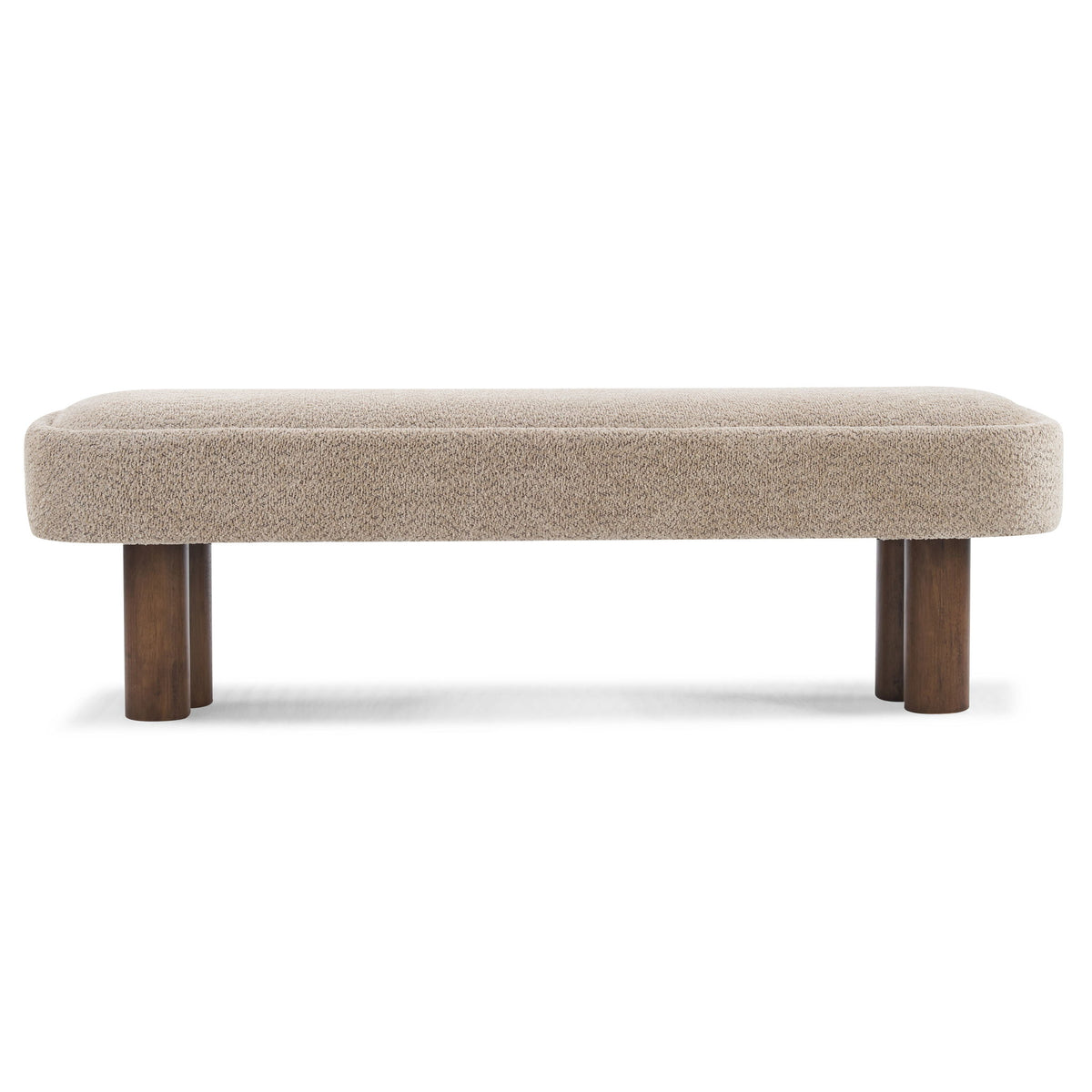 Light brown upholstered dining bench with rounded seat and dark wood block legs