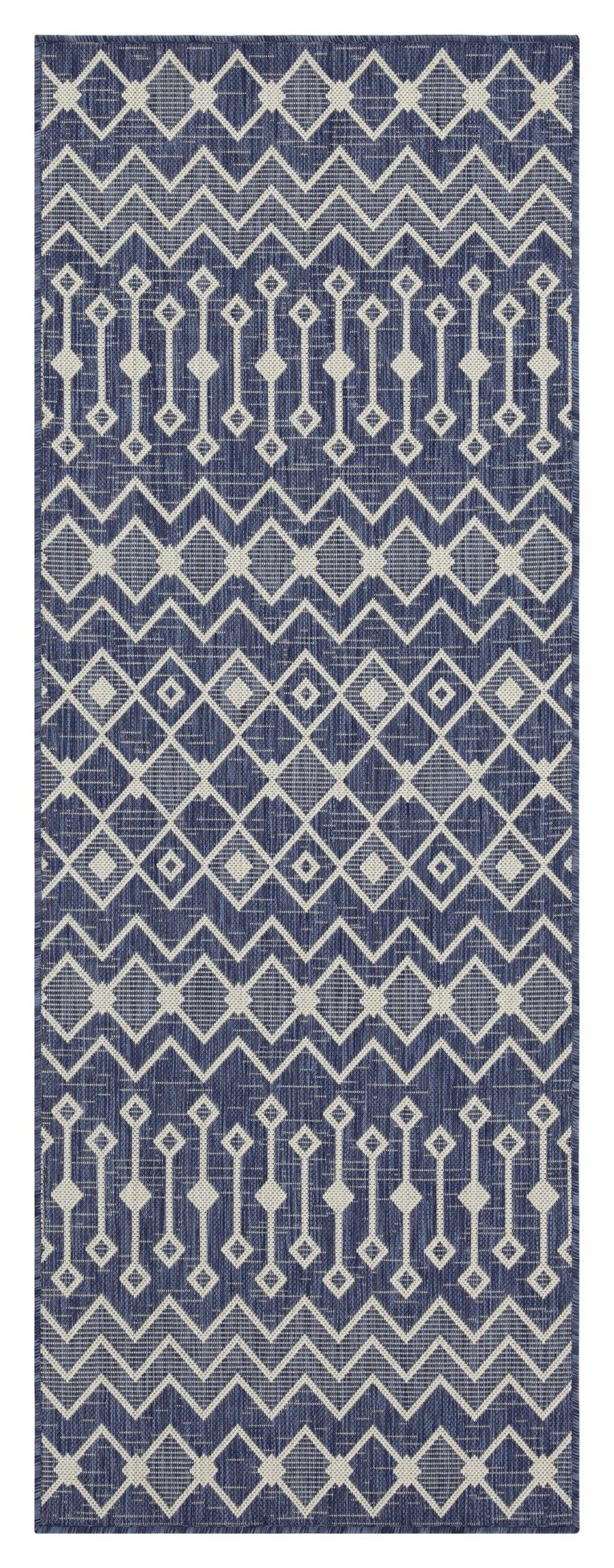 Indoor/outdoor polypropylene area rug, blue with light blue repeating diamond and stripe motifs.