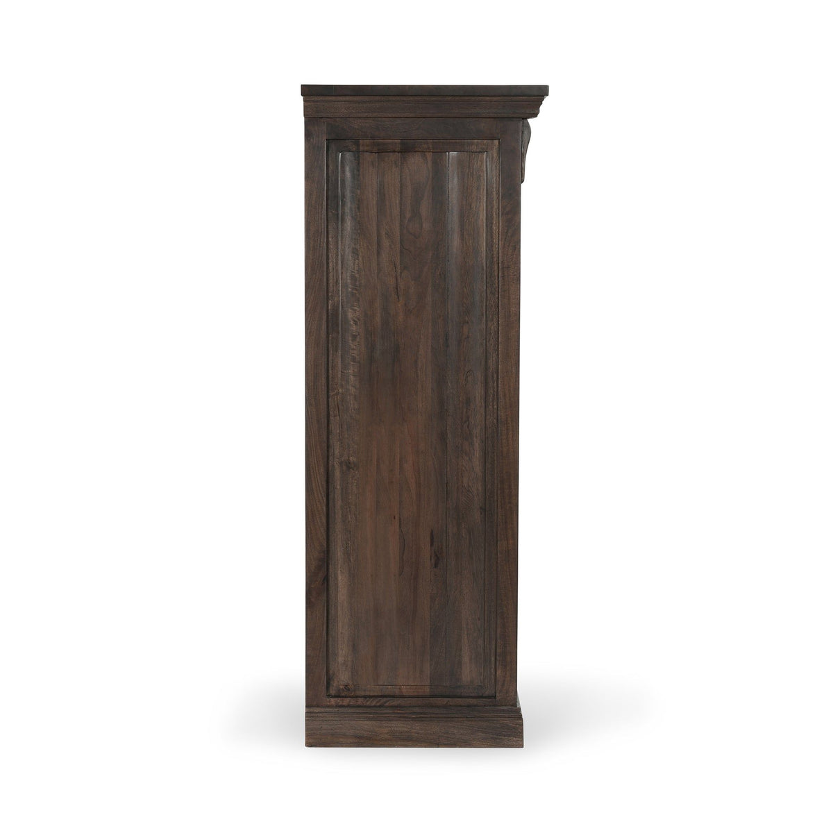 Wood six-drawer chest side panel, dark cocoa brown with flat drawer faces