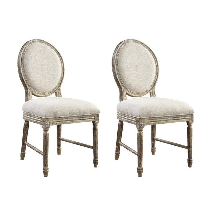 Set of 2 upholstered dining chairs with oval back, light beige fabric, distressed wooden legs