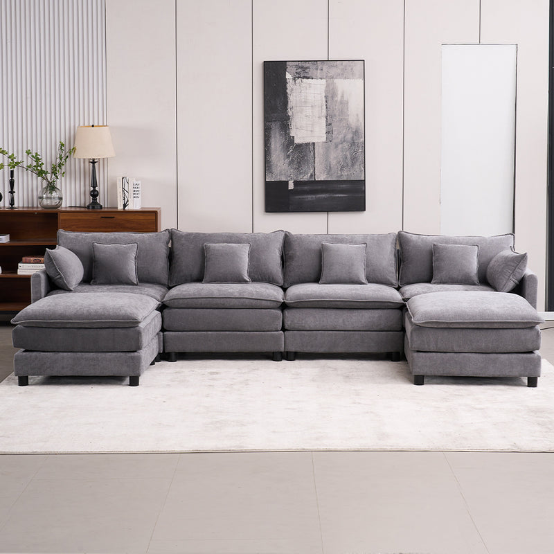 4-Piece Modern U-Shaped Chenille Sectional Sleeper Sofa - Gray Chenille