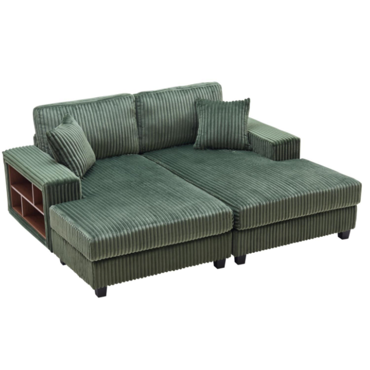 Convertible sleeper sectional sofa in dark green striped corduroy with storage side console