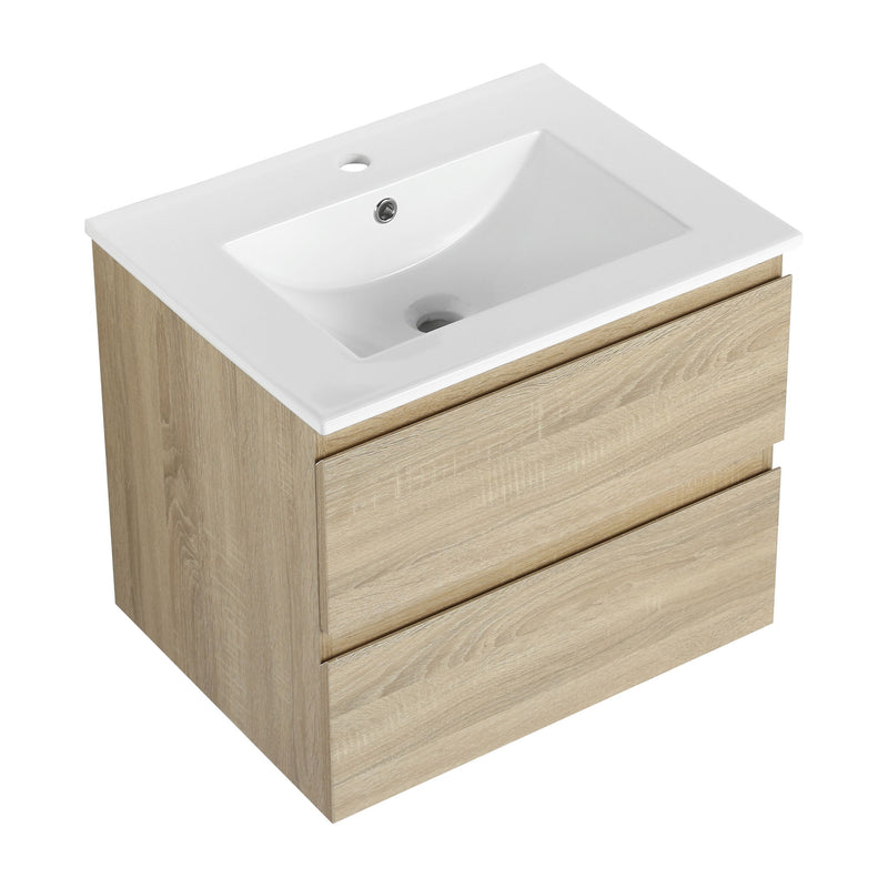 Wall-mounted bathroom vanity with square white sink and two light brown drawers