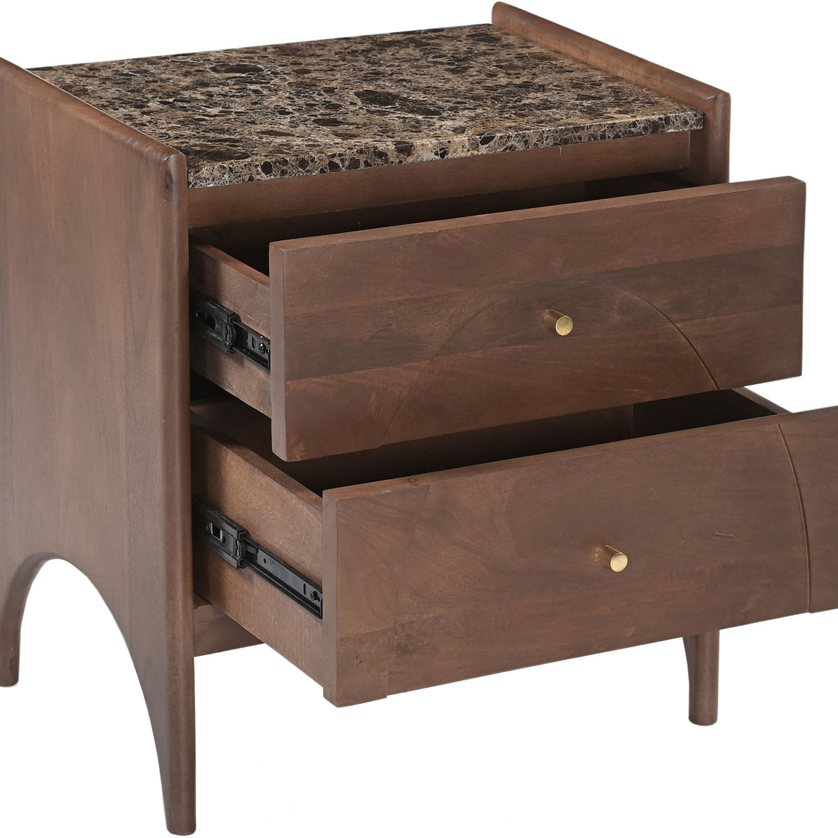 Dark brown nightstand with stone-look top, two open drawers, and brass knobs