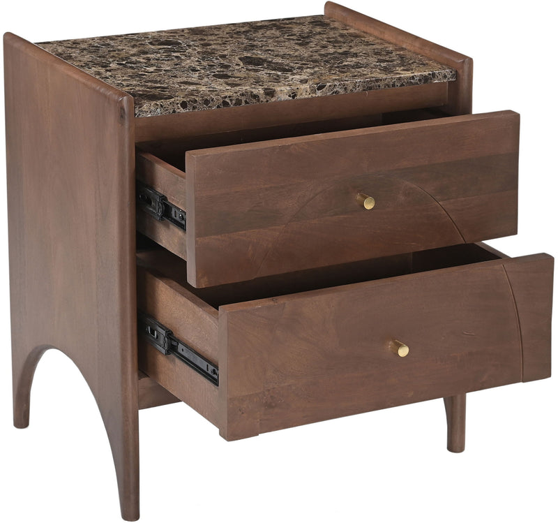 Dark brown nightstand with stone-look top, two open drawers, and brass knobs