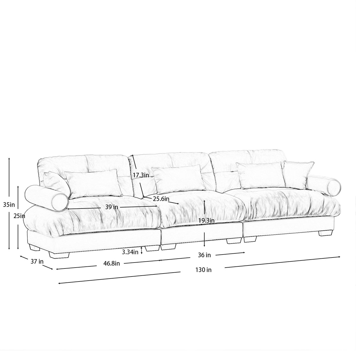 Cream upholstered sofa with tufted cushions, back throw pillows, and dimension lines