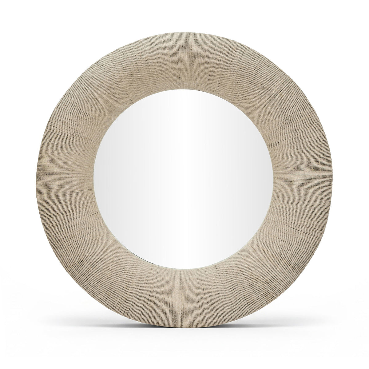 Round jute rope framed mirror, light brown textured rope frame with circular reflective glass