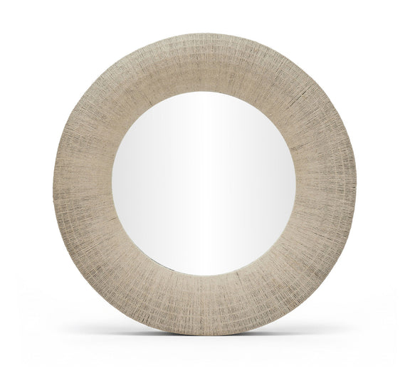 Round jute rope framed mirror, light brown textured rope frame with circular reflective glass