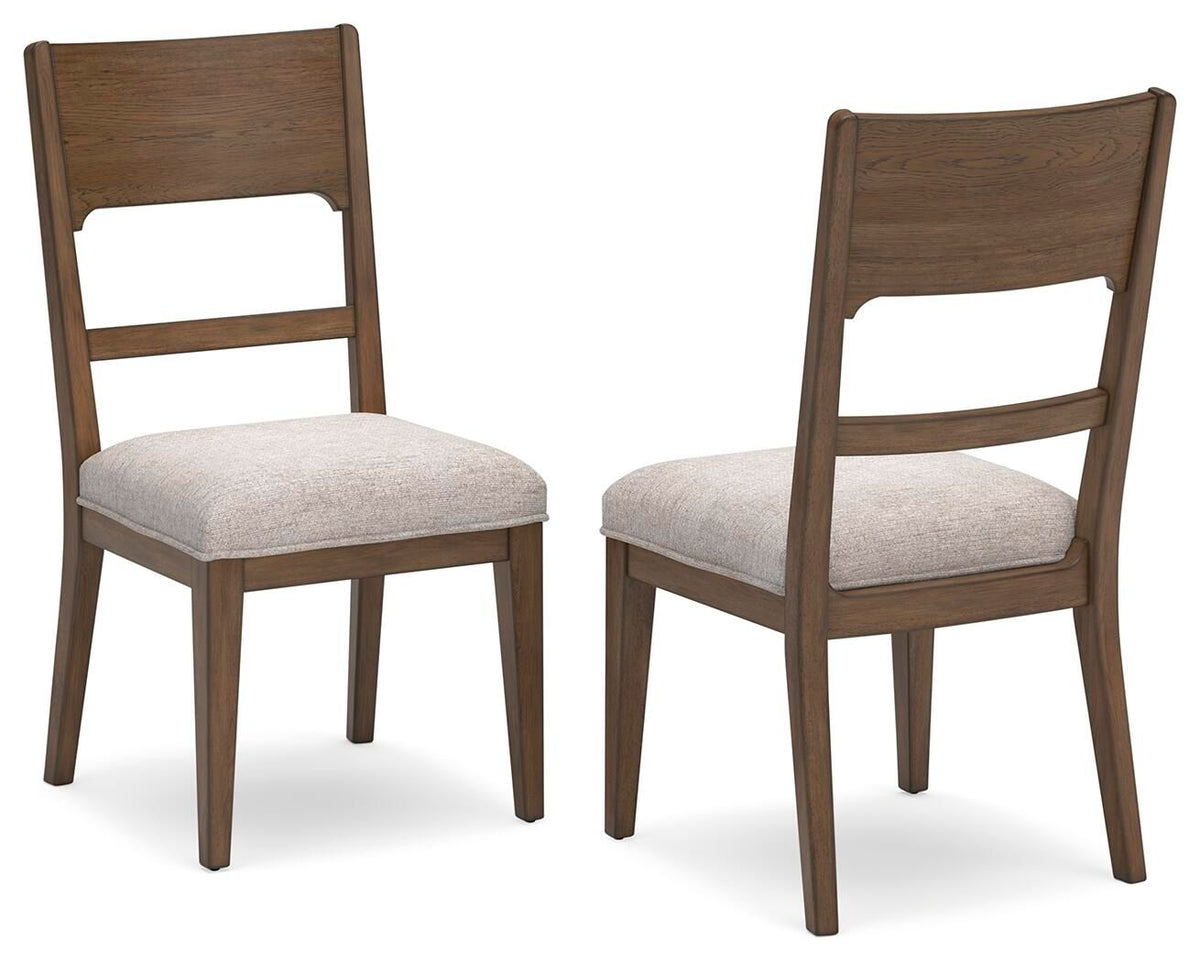 Set of 2 oatmeal dining side chairs with light brown wood frame and curved back rail