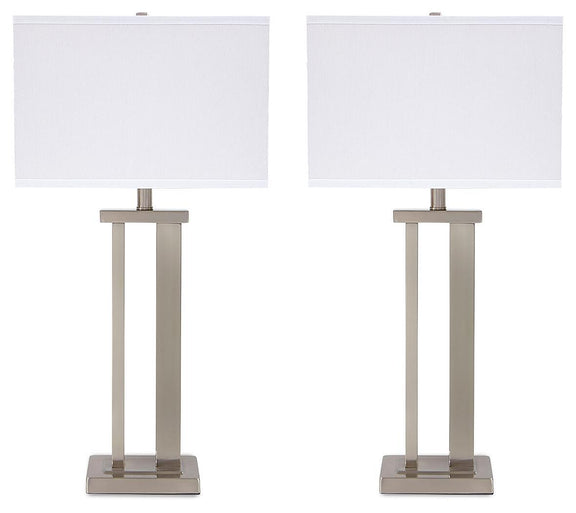 Pair of pearl silver metal table lamps with white fabric shades and square bases