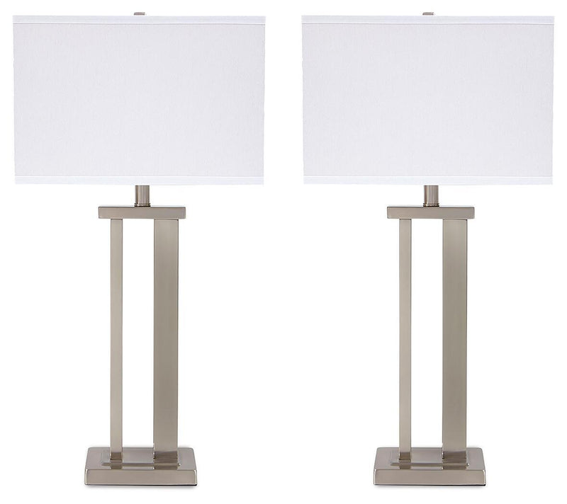 Pair of pearl silver metal table lamps with white fabric shades and square bases