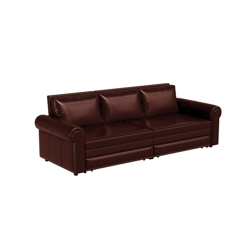 Convertible sofa bed in dark brown faux leather, tufted back and rounded armrests