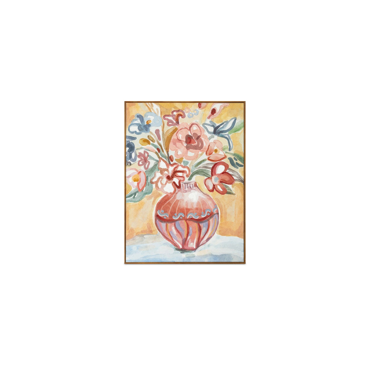 Framed floral wall art with a blue vase and colorful blossoms in a natural frame