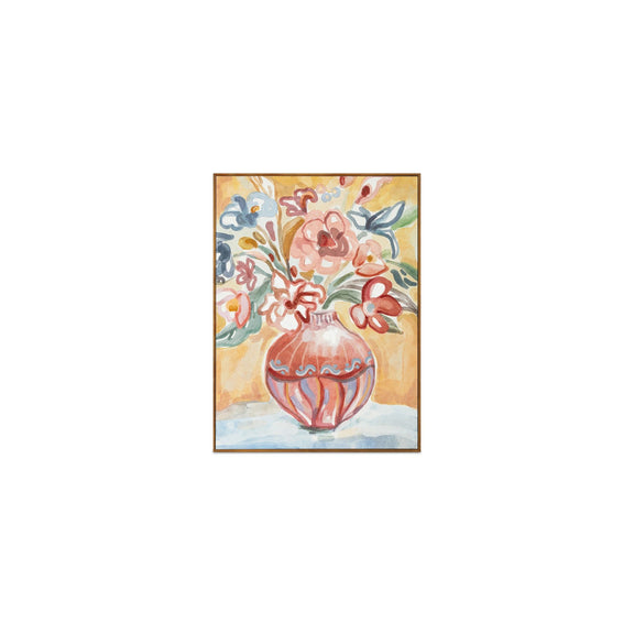 Framed floral wall art with a blue vase and colorful blossoms in a natural frame