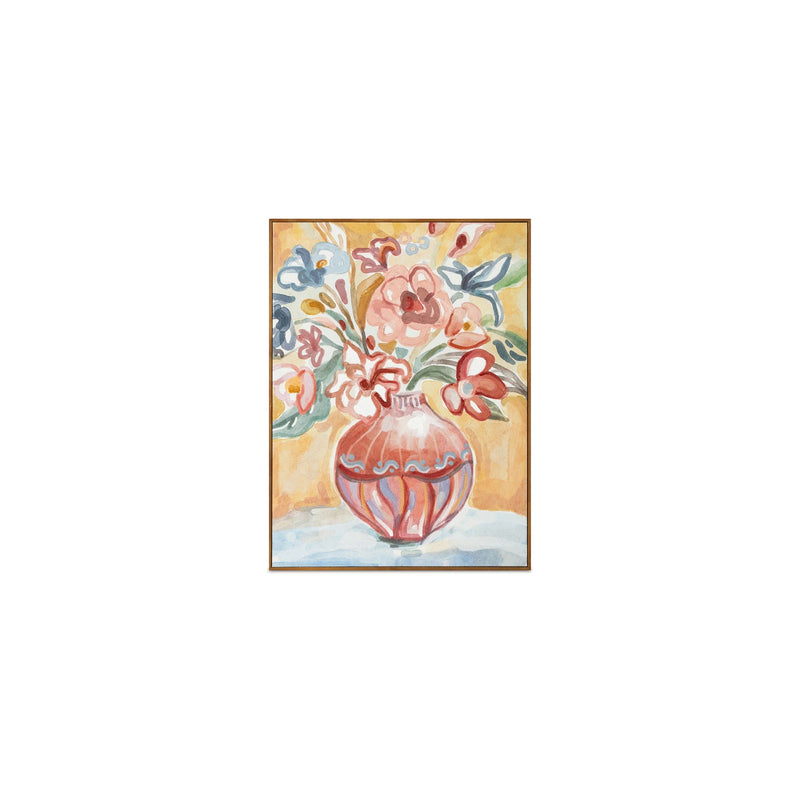 Framed floral wall art with a blue vase and colorful blossoms in a natural frame