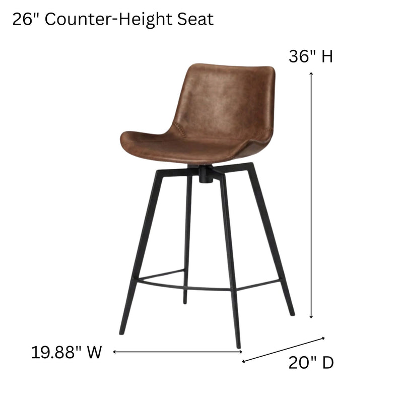 Brown counter-height swivel stool with cushioned seat and black legs; 26 in seat width