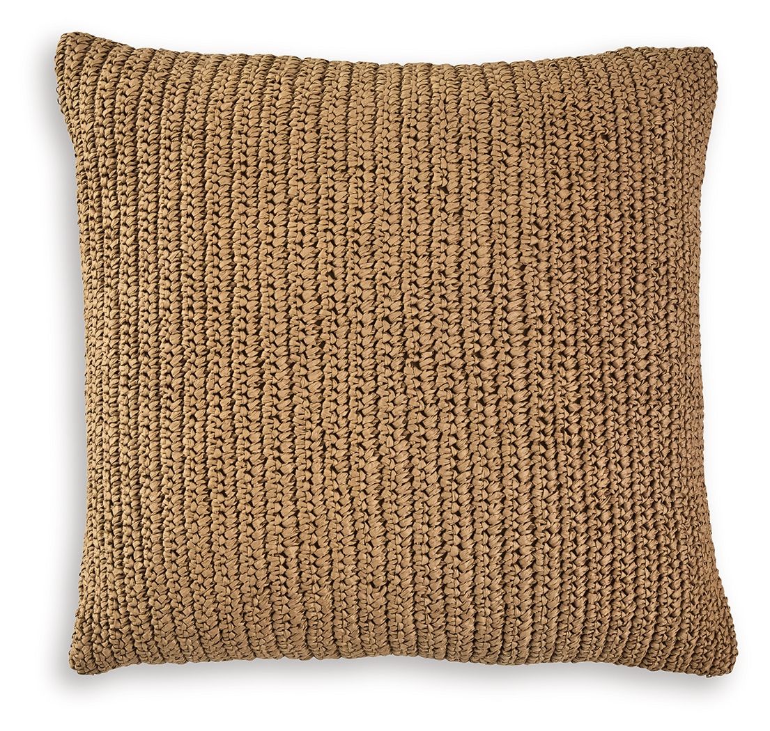 Tan woven throw pillow with textured braided fabric front, square shape
