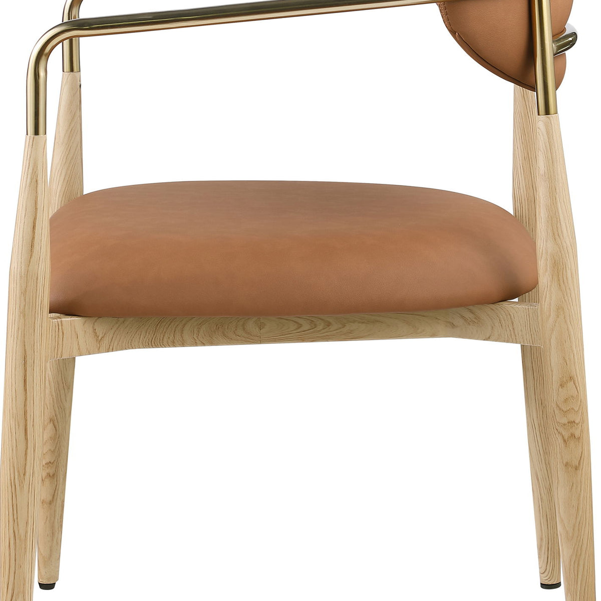Vegan leather dining arm chair with tan seat and rounded back, gold-tone arms, wood legs