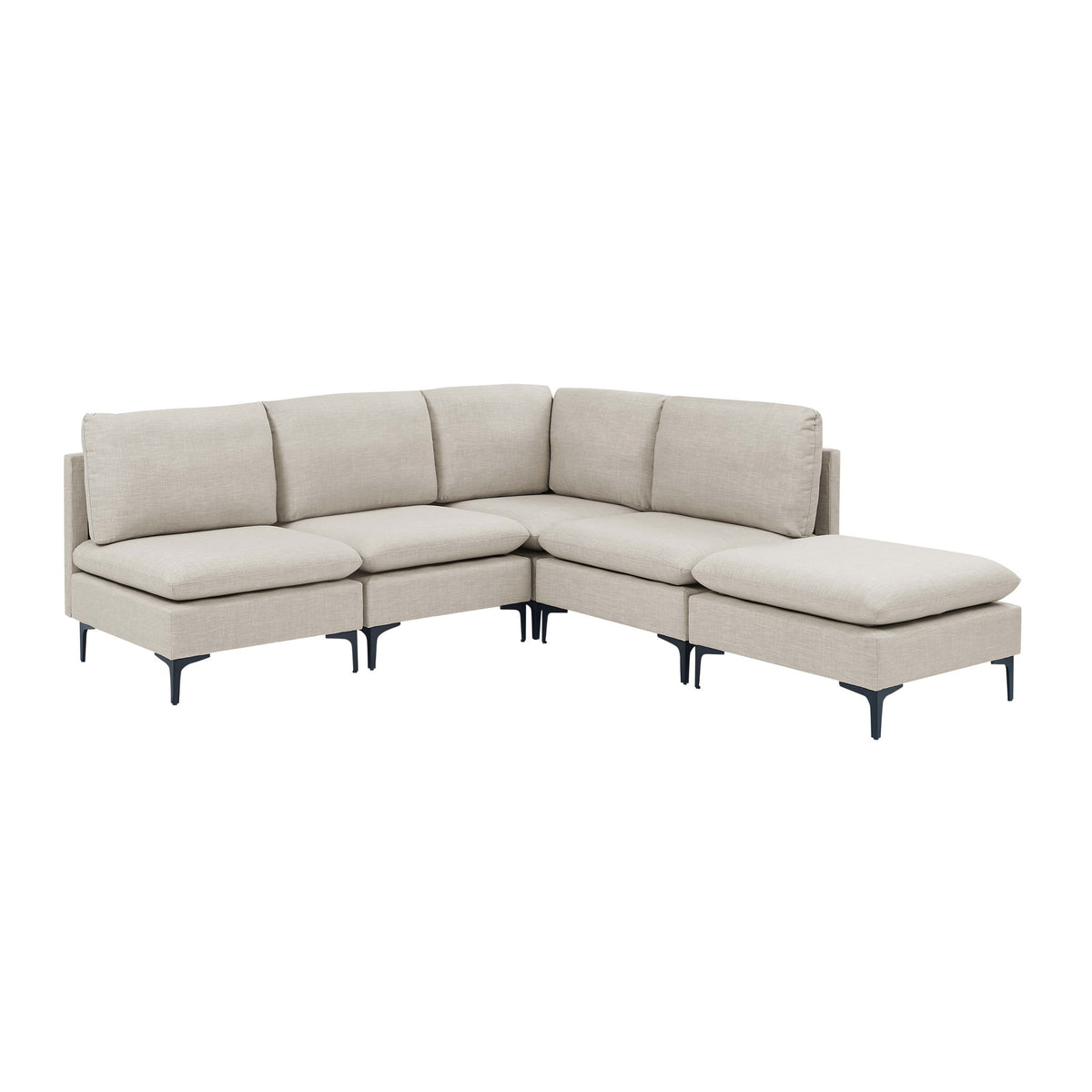 Beige upholstered modular sectional with tall legs, corner chaise and ottoman-style seats