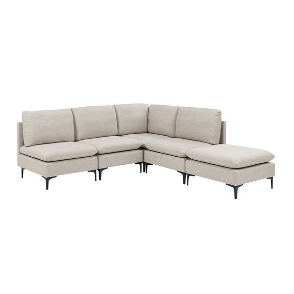 Beige upholstered modular sectional with tall legs, corner chaise and ottoman-style seats