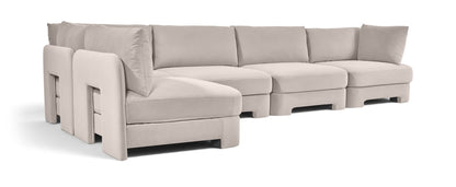 Light gray velvet performance sectional sofa, 5-piece L-shape with chaise end